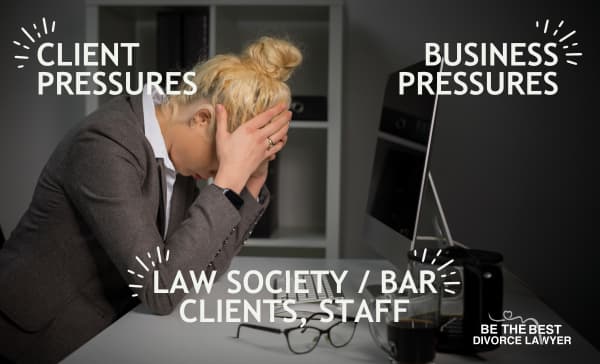 Lawyer stressed and caught in an anvil trying to manage pressures of business and client relationships