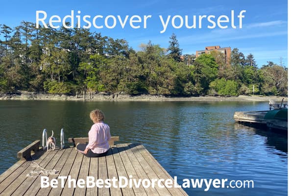 Val Hemminger has successfully created a balanced and successful life as a divorce lawyer. Val Hemminger sitting on the end of a pier by a lake with her dog, Inu.